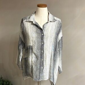 INIZIO Italian linen Striped Button-Up oversized button up Shirt 3/4 sleeve Lrg